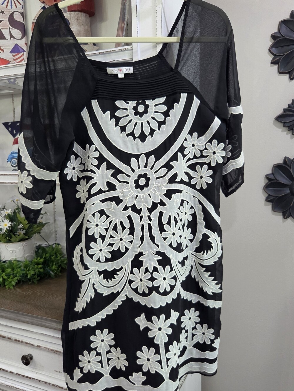 JoyJoy Black Dress with White Floral Embroidery